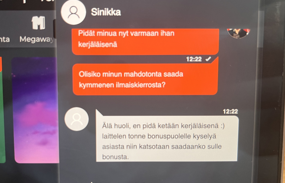 Kuvassa käynnissä Rahapelisanomien Ninja Casino asiakaspalvelu testi, missä pyysimme ilmaiskierroksia.