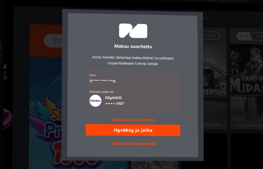 Ninja Casino onnistunut talletus.