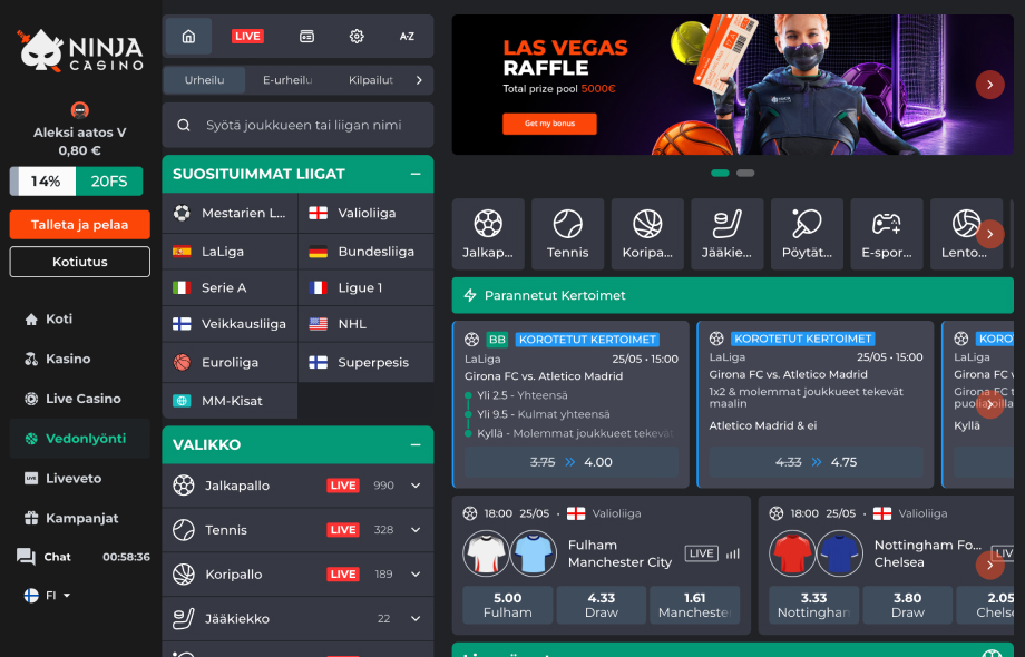 Ninja Casinon vedonlyöntiaula Rahapelisanomat testissä. Kuvasta näkyy että Ninja Casino tarjoaa ainakin Veikkausliigaa ja Superpesistä, mikä tuntuu suomalaiselle mielenkiintoiselta.