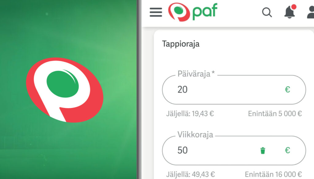 Paf mobiilikasinolla vastuullisuusrajoja ja vieressä yrityksen logo.