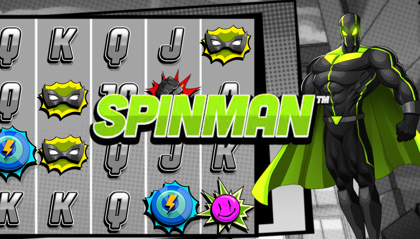 Spinman logo, taustalla pelin käyttöliittymää Pelikaani kasinolla.