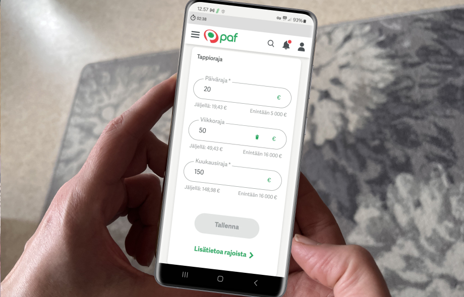 Kuvassa näkyy puhelimella Paf peliyhtiön tappiorajaasetuksia.