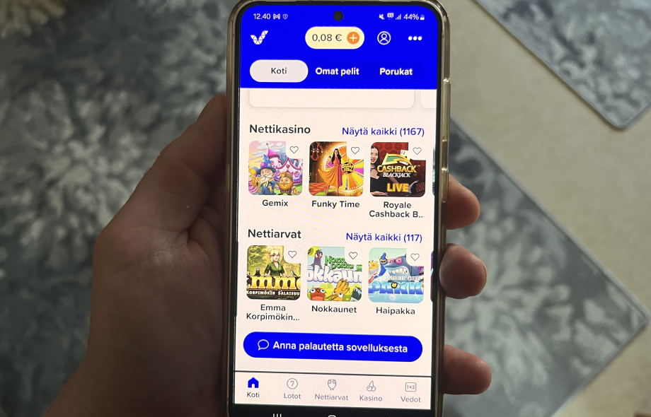 Veikkaus-sovelluksen etusivu, jossa Nettikasino-osiosta näkyvät suosituimmat pelit.