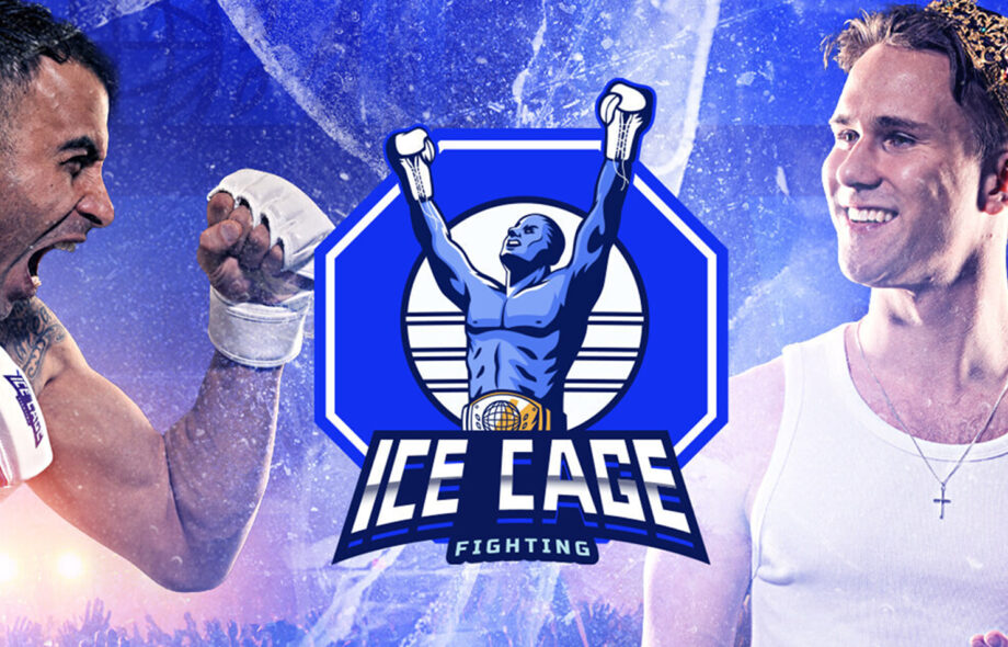 Kuvassa Ice Cage logo. Siinä näkyy myös ottelijat Makwan Amirkhani ja Stagala.
