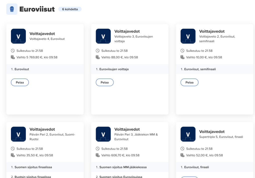 Kuvankaappaus Veikkauksen ‘Euroviisut’ -vedonlyöntisivulta: näytöllä näkyy otsikko ‘Euroviisut – 6 kohdetta’ ja kaksi riviä, joissa kussakin kolme korttia. Jokaisessa kortissa on yläreunassa symboli ja otsikko ‘Voittajavedot’, sen alla pienempi teksti, joka kertoo vedon tyypin (esim. ‘Voittajaveto 4, Euroviisut’, ‘Voittajaveto 3, Euroviisujen voittaja’, ‘Voittajaveto 2, Euroviisut, semifinaali’, ‘Päivän Pari 2, Euroviisut, Suomi–Ruotsi’, ‘Päivän Pari 3, Jääkiekon MM & Euroviisut’ ja ‘Supertripla 5, Euroviisut, finaali’). Kortin keskiosassa näkyy kello-ikoni ja teksti ‘Sulkeutuu to 21.58’ sekä kolikko-ikoni ja vedonlyöntivaihto (esim. ‘Vaihto 5 769,80 €, klo 09.58’). Alaosassa on valittavat kohteet listattuna numeroin ja lopuksi sininen ‘Pelaa’-painike. Koska tietoa on niin paljon, Veikkaus Euroviisut-vedonlyönti näyttää meille sekavalta.