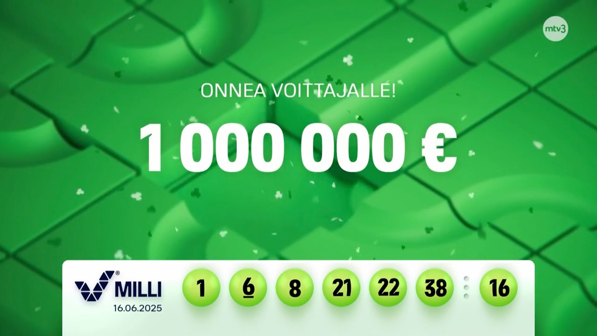 Kuvassa Milli-tulosten päävoitto ja voittava rivi. Veikkaus Milli-logo ja Veikkauksen onnentoivotus päävoittajalle. Miljoona euroa näkyy isolla keskellä. Näkyvä päivämäärä (16.06.2025) paljastaa että tässä oli kyseessä Millin ensimmäinen päävoitoto.