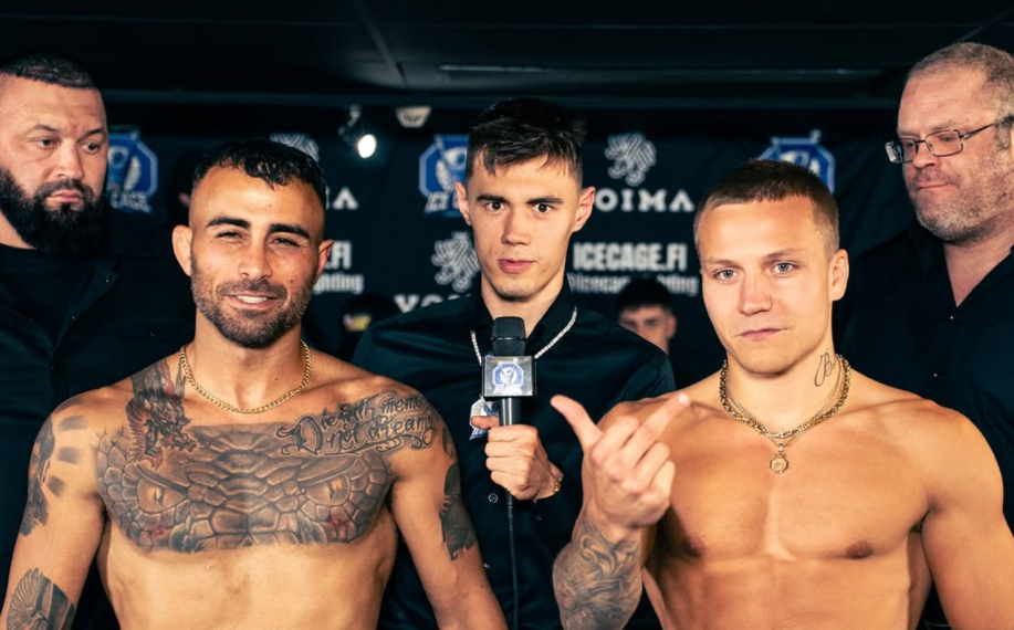 Makwan Amirkhani, Max Hynninen (promoottori) ja Theo Kolehmainen Ice Cage 5 -pressitilaisuudessa. Makwan ja Theo ilman paitaa.
