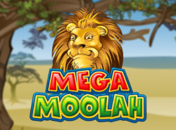 Mega Moolah pelin logo ja tausta.