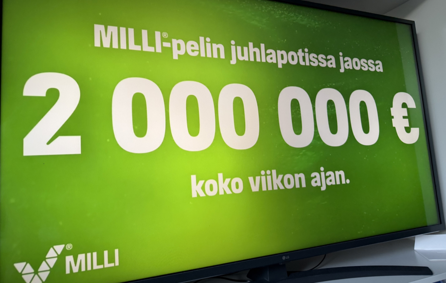 Televisiomainos kertoo Millin tarjoavan tällä "juhlaviikolla" (viikko 23) kahden miljoonan euron päävoiton.