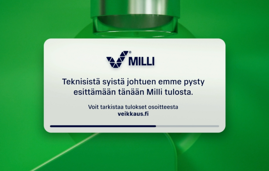 Televisiolähetyksessä Veikkauksen inforuutu kertoo Milli-tulosten näyttämisen olevan estynyt teknisistä syistä. Numerot voi sen sijaan tarkistaa osoitteesta Veikkaus.fi