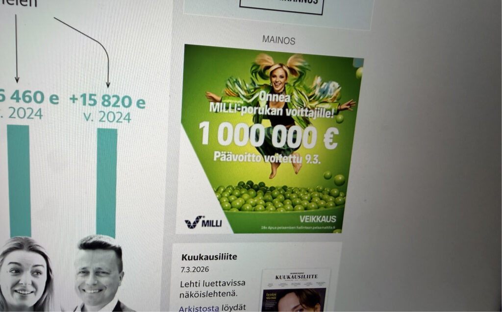 Veikkaus nettimainos HS-sivulla mainostaa Milli porukan voittaneen päävoiton 9.3.