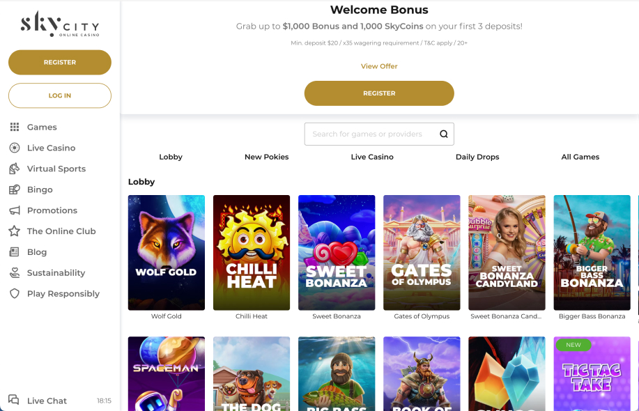 Kuvassa SkyCityn nettikasino missä näkyvät kasinon tervetuliaistarjous ja mm. Wolf Gold ja Gates of Olympus kasinopelit.