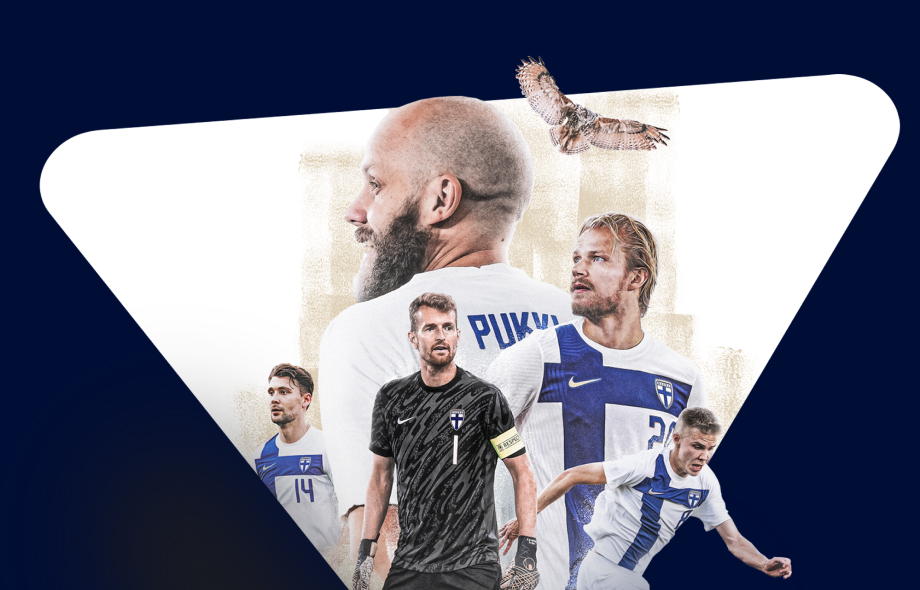 Kuvassa Veikkaus logo ja Huuhkajien pelaajat kuten Teemu Pukki ja Joel Pohjanpalo, ja Lukas Hradecky.