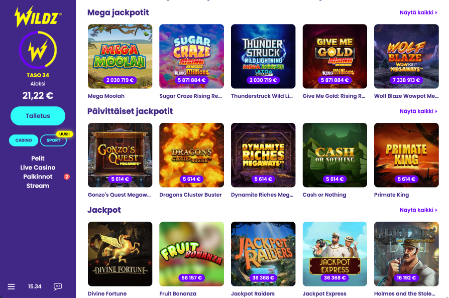 Nettikasinoiden jättipottipelejä kuten Mega Moolah ja Divine Fortune Wildz Casinolla. Kuvassa näkyy että Rahapelisanomien testaaja on Wildz-tasolla 34 ja hänen saldo on 21,22 €.