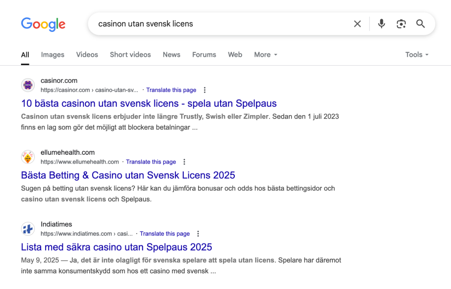 Google-hakutulos "casino utan svensk licens" paljastaa, kuinka suuri kysyntä Ruotsissa on pelata lisenssijärjestelmän ulkopuolisilla kasinoilla, useat sivustot listaavat parhaat keinot kiertää maan rahapelisääntelyä ja Spelpaus-järjestelmää.
