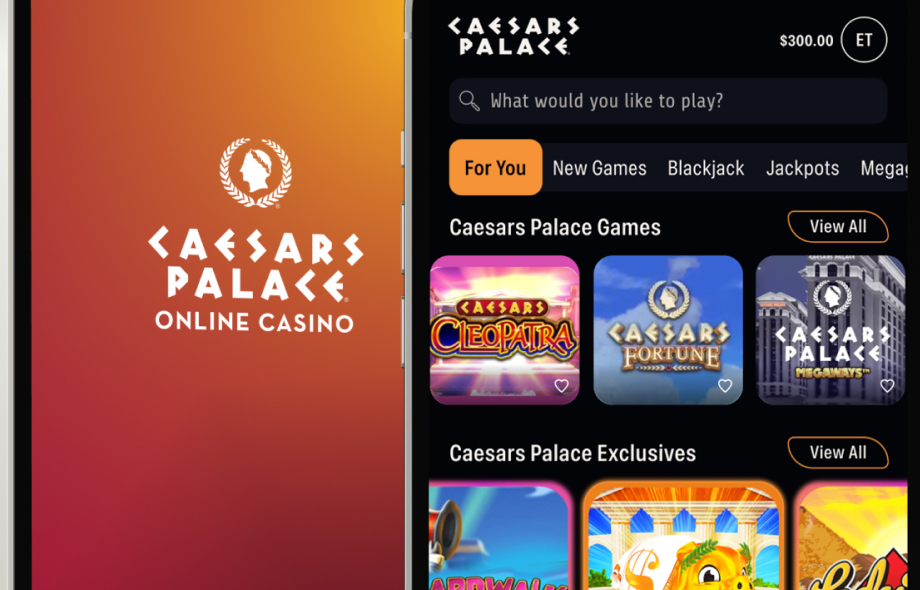 Ceasars Palacen nettikasino auki puhelimella, vieressä yhtiön logo.