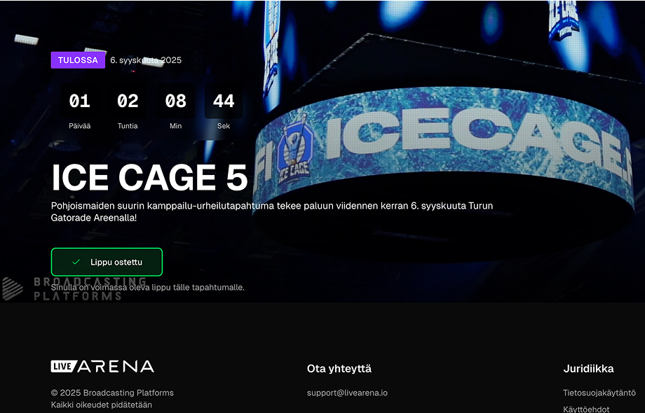 Ice Cage 5 kamppailu-urheilutapahtuma Turun Gatorade Areenalla 6. syyskuuta 2025 – striimi ja vedonlyönti näyttävät kiinnostavan tuhansia katsojia.
