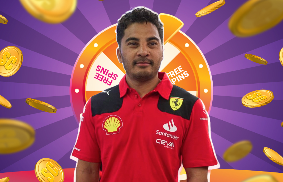 Laurence Escalante Ferrari F1 asussa Chumba Casino taustan edessä.