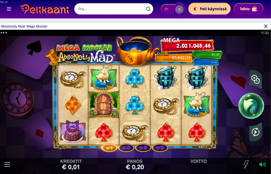 Mega Moolah jättipottipeli auki Pelikaani nettikasinolla. Pääpotissa näkyy yli kaksi miljoonaa euroa.
