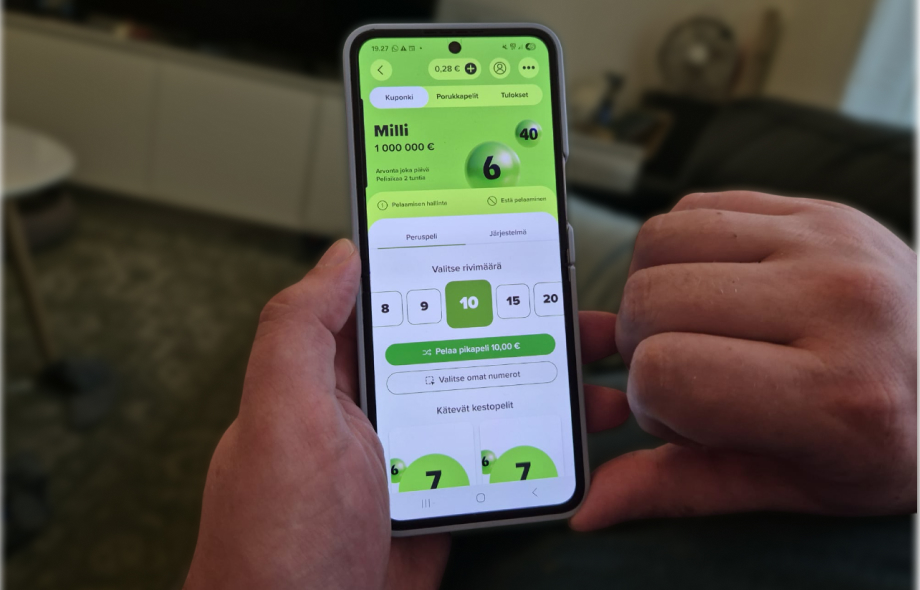 Kuvakaappaus älypuhelimesta, jossa on auki Veikkauksen Milli-pelin käyttöliittymä. Näytöllä näkyy pelin miljoonan euron päävoitto ja rivien valinta.