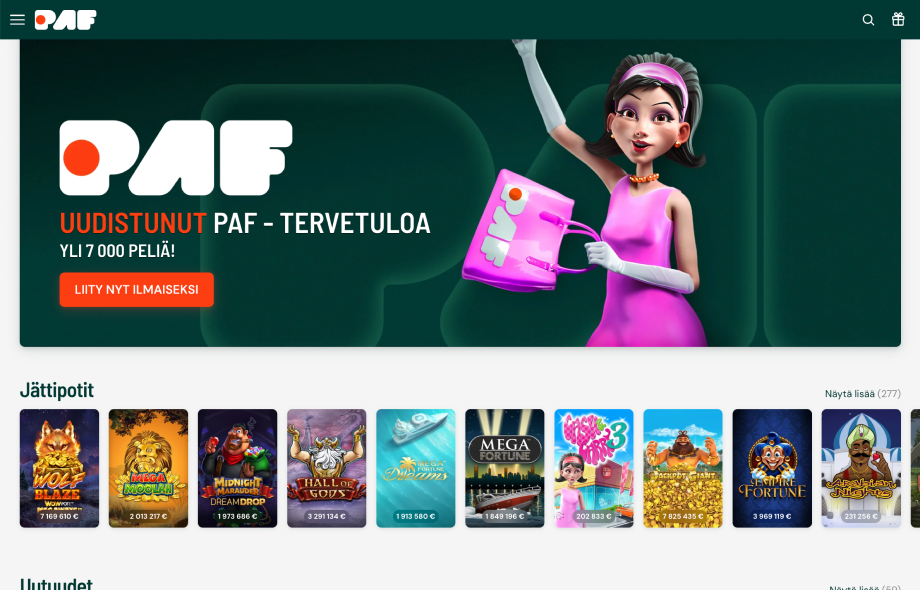 Kuvassa jättipottipelejä kuten Arabian Nights ja Mega Moolah Paf nettikasinon sivulla.