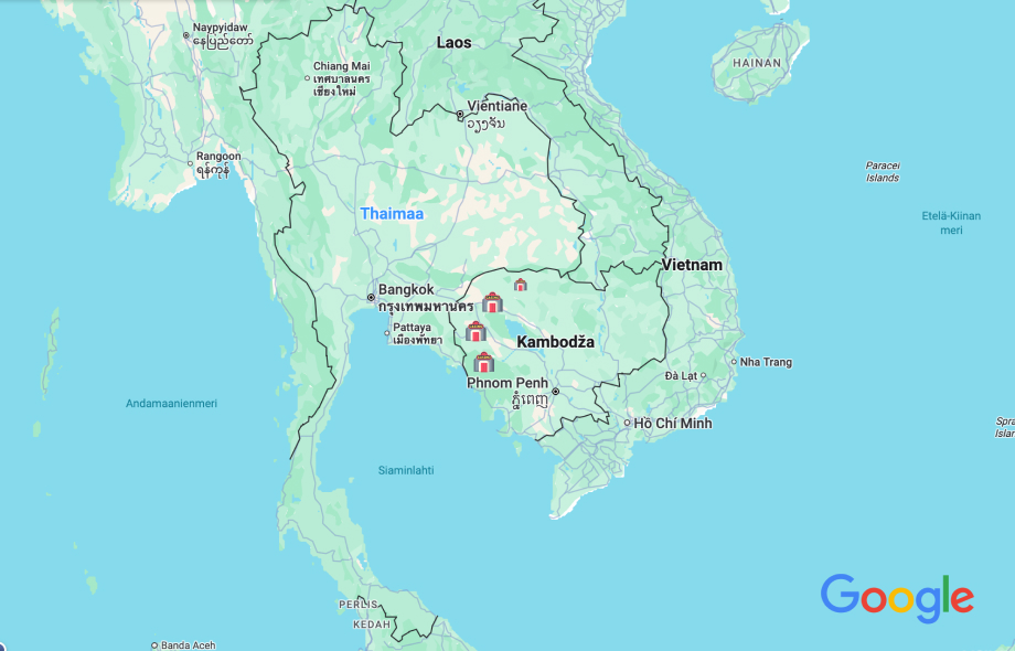 Kartta Thaimaasta ja Kambodzan rajalla olevista kasinoista.