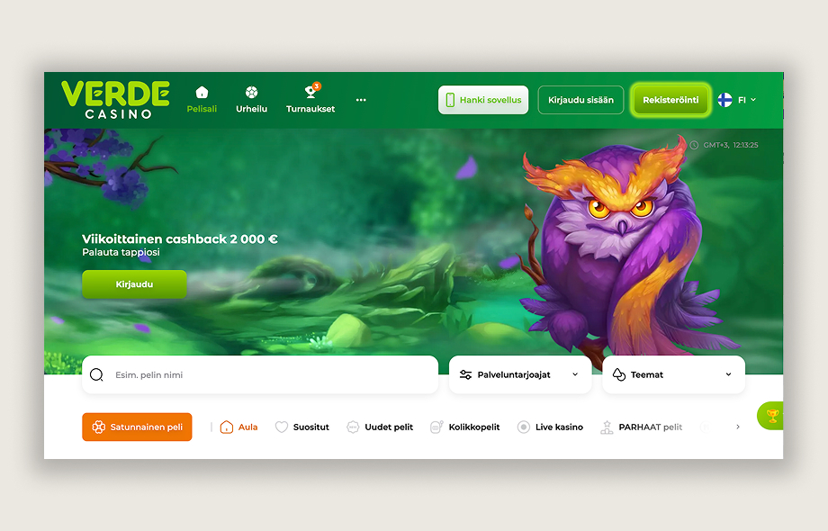 Verde Casinon suomenkielinen etusivu Rahapelisanomien kuvankaappauksessa.