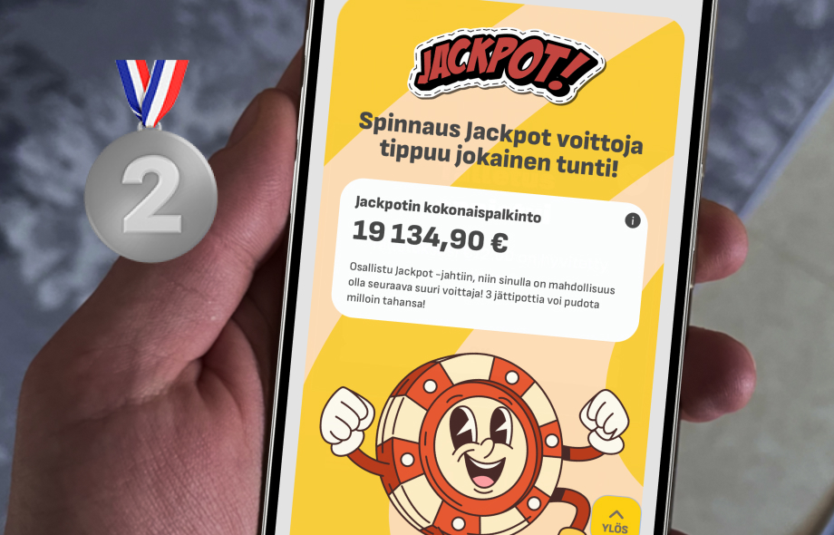 Spinnaus auki puhelimella, ruudulla näkyy Spinnauksen oma jättipottipeli.