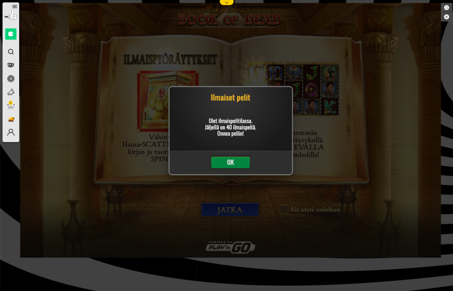 Ilmoitus Book of Dead -pelin ilmaiskierroksista Spinnaus-kasinolla. Rahapelisanomien testaaja on saanut 40 ilmaiskierrosta ja on parhaillaan ilmaispelitilassa.