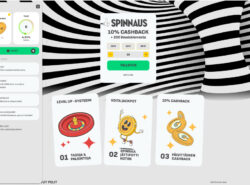 Spinnaus-kasinon talletuksen tehneen käyttäjän etusivu, jossa näkyy talletusvalikko, cashback-tilanne, ja kolme ominaisuutta: Level Up -systeemi, jackpotin voittomahdollisuus ja päivittäinen cashback.