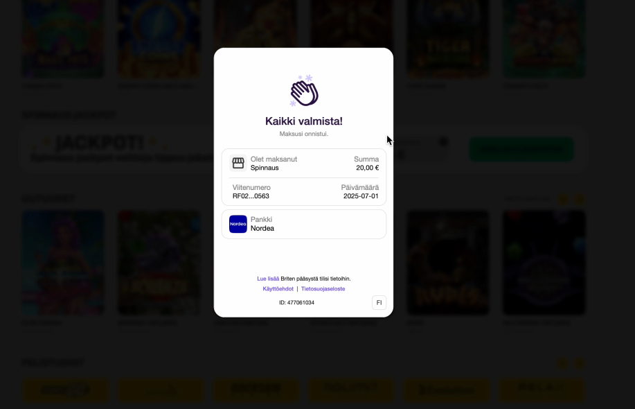 Vahvistus Spinnaus-kasinon talletuksesta. Käyttäjä on maksanut 20 € Nordean kautta. Ruudulla näkyy maksun onnistuminen ja maksupäivä 1.7.2025.