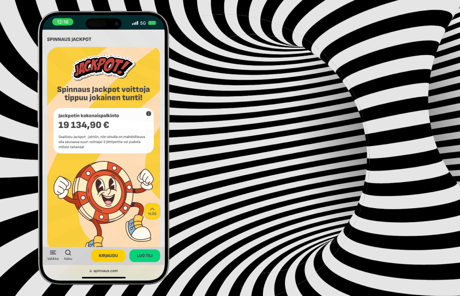 Spinnaus auki puhelimella. Taustalla casinon kuvitusta.