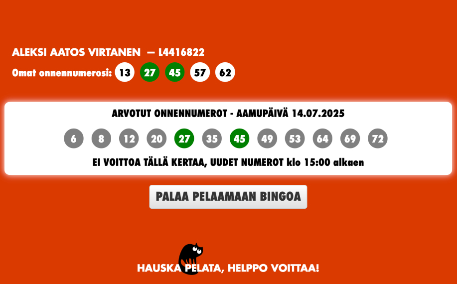 Kuvassa näkyy käyttäjän valitsemat onnennumerot ja arvotut numerot kyseiseltä aamupäivältä. Tulos: ei voittoa tällä kertaa. Aleksi Aatos Virtasen nimi näkyy ylhäällä.