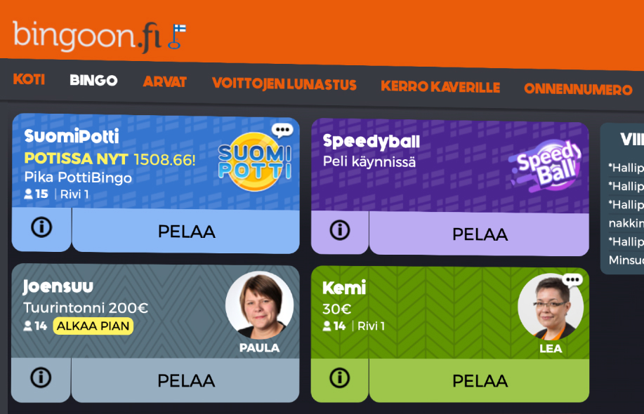 Rahapelisanomien testissä näkyy Bingoon.fi:n peliaula. Esillä ovat SuomiPotti, Speedyball, Joensuu ja Kemi -nimiset huoneet, sekä pelinhoitajien kasvokuvat.