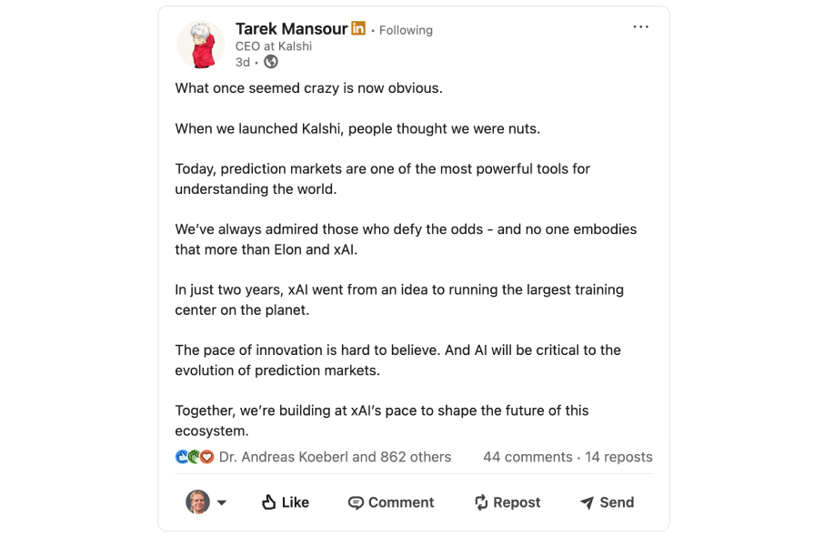 Kalshin toimitusjohtajan ja toisen perustaja Tarek Mansourin Linkedin-julkaisu xAI yhteistyöstä. Mm. Tohtori Andreas Koeberl on tykännyt julkaisusta.
