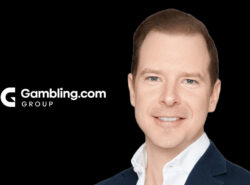 Kuvassa Gambling.com yhtiön perustaja ja johtaja Charles Giesspie ja yhtiön logo.