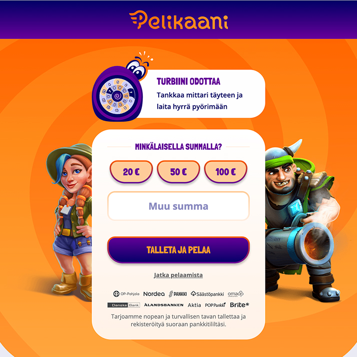 Pelikaani-nettikasinon talletussivu, jossa pelaaja voi valita summan 20 €, 50 € tai 100 € ja jatkaa tunnistautumiseen pankkitunnuksilla