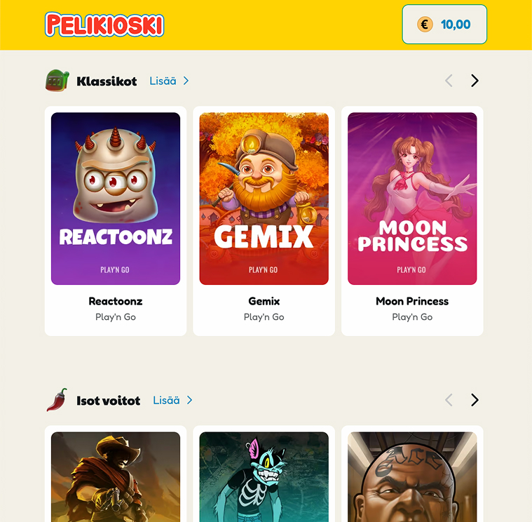 Pelikioski-nettikasinon peliaula, jossa näkyvät suositut kolikkopelit Reactoonz, Gemix ja Moon Princess
