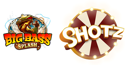 Shotz Casino logo, vieressä Big Bass Splash pelin logo mihin kierrätysvapaat ilmaiskierrokset ovat