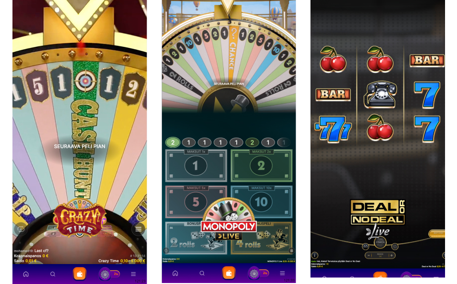 Kolmen showrahapelin käyttöliittymä Pelikaani kasinolla, ja niiden alapuolella logot. 1. Crazy Time 2. Monopoly Live 3. Deal or No Deal