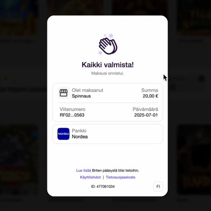 Spinnaus-nettikasinon talletusvahvistus, jossa näkyy maksun summa 20 €, pankkina Nordea ja viitenumero