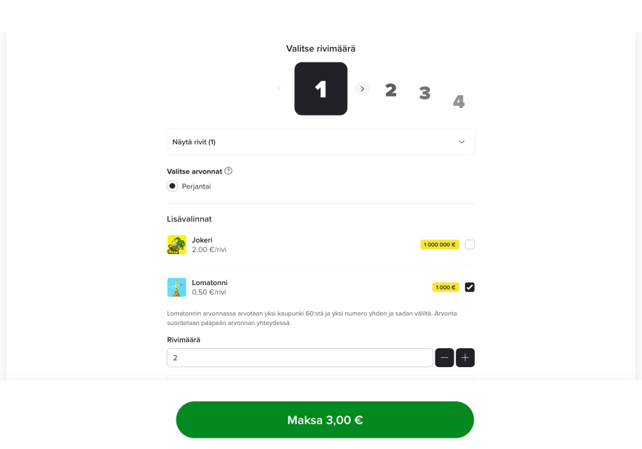 Eurojackpot-kuponki Veikkauksen nettikasinolla. Pelaaja voi ostaa samalla myös Jokerin ja Lomatonnin.