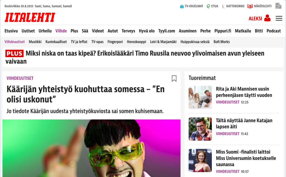 Iltalehden verkkosivun etusivu, jossa uutinen Käärijän uudesta yhteistyöstä otsikolla ”Käärijän yhteistyö kuohuttaa somessa – En olisi uskonut”
