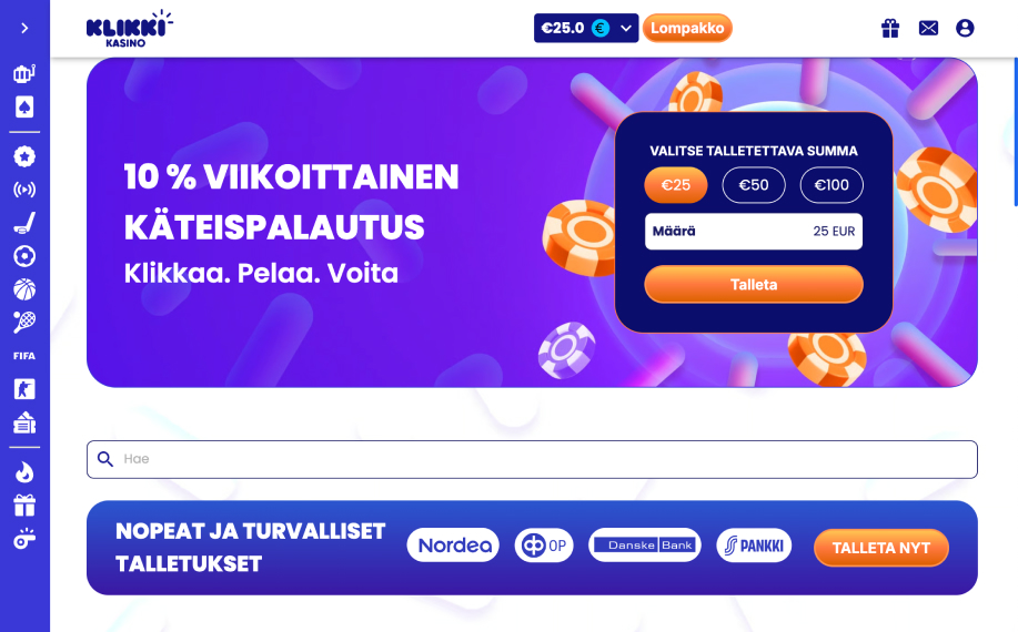 Klikki nettikasino – 10 % viikoittainen cashback ja nopeat talletukset