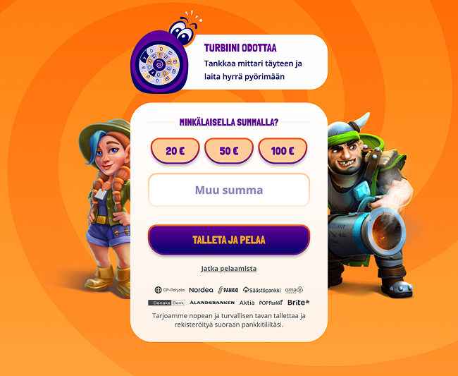 Pelikaani nettikasino talletusnäkymä turbiini-pyörällä ja pankkinapit