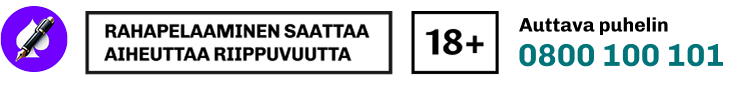Rahapelisanomat varoituspalkki rahapelaamisen riippuvuutta aiheuttamisesta, lisäksi 18+ ikärajakehoitus ja Peluurin tukinumero 0800 100 101.