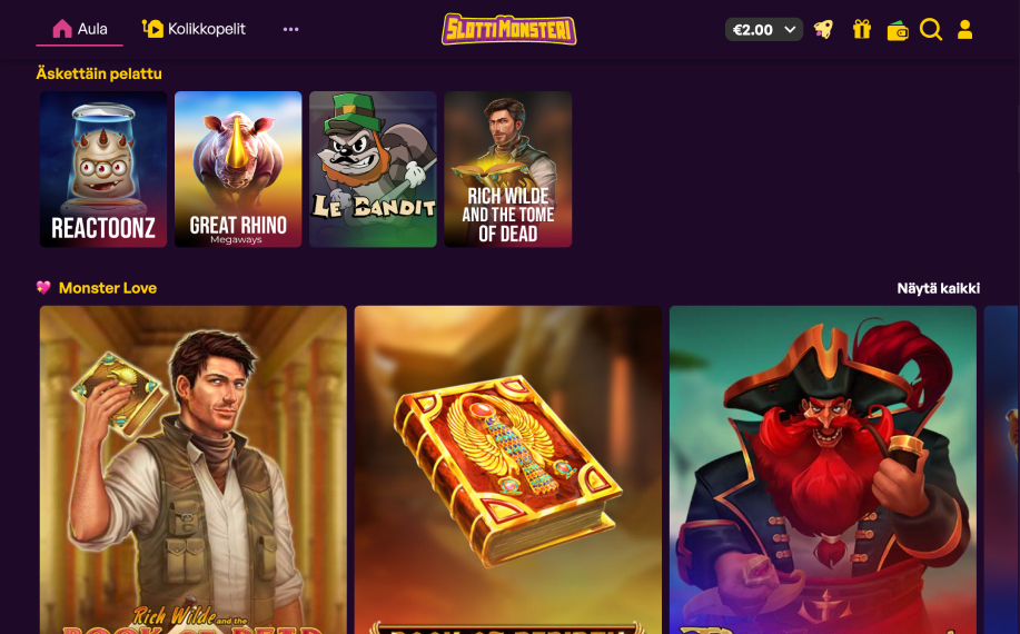Slottimonsteri nettikasino – Reactoonz, Book of Dead ja muita suosikkeja