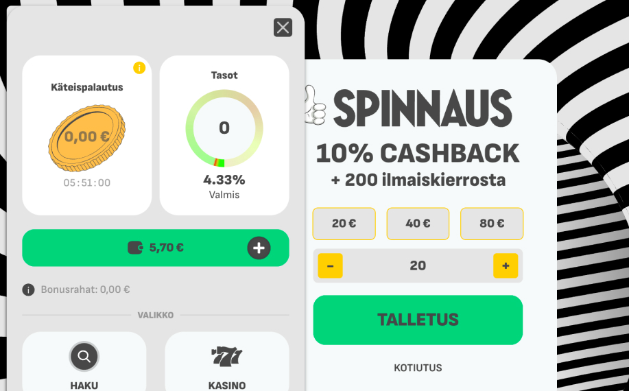 Spinnaus nettikasino – 10 % cashback ja 200 ilmaiskierrosta