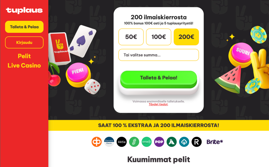 Tuplaus nettikasino – 200 ilmaiskierrosta ja 100 % bonus