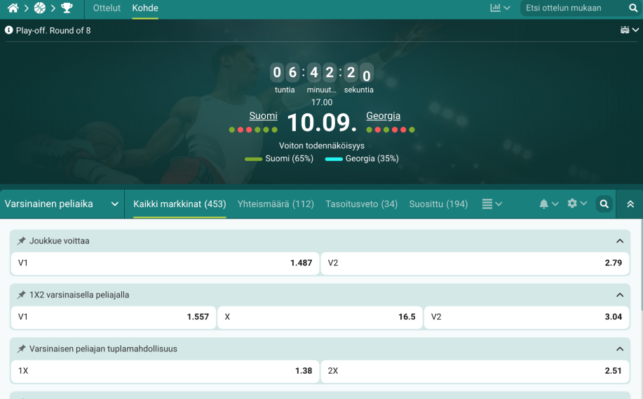 Vedonlyöntisivuston näkymä ottelusta Suomi – Georgia 10.9. klo 17.00, jossa Suomen voittotodennäköisyys 65 % ja Georgian 35 %. Kertoimet näyttävät muun muassa Suomen voitolle 1.487 ja Georgian voitolle 2.79